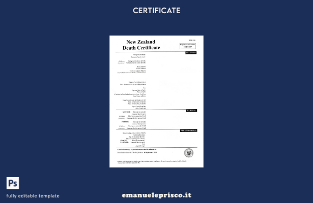 modello di certificato di morte dell'ufficio del registro della Nuova Zelanda in
